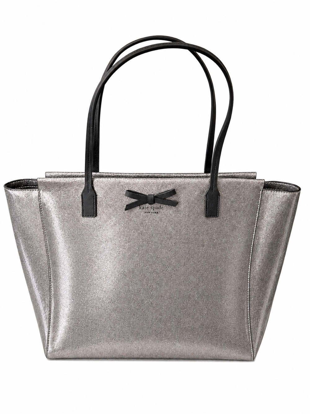 kate Spade Silver Shiny Metallic Tote with Black Handles